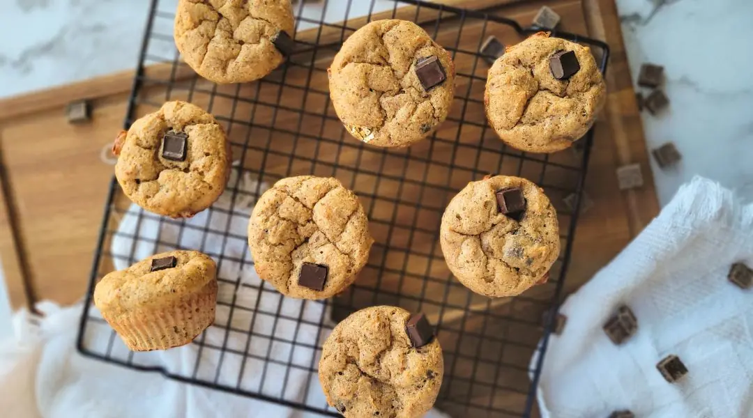 Muffins moelleux aux pépites de chocolat refroidissant sur une grille noire