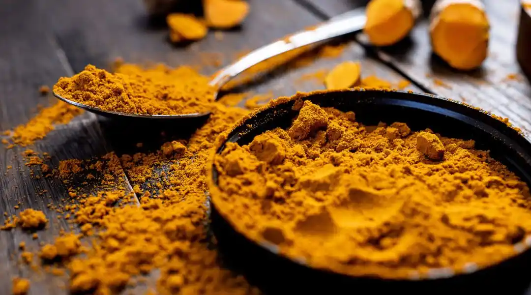 Curcuma moulu dans un bol noir avec une cuillerée sur une table en bois