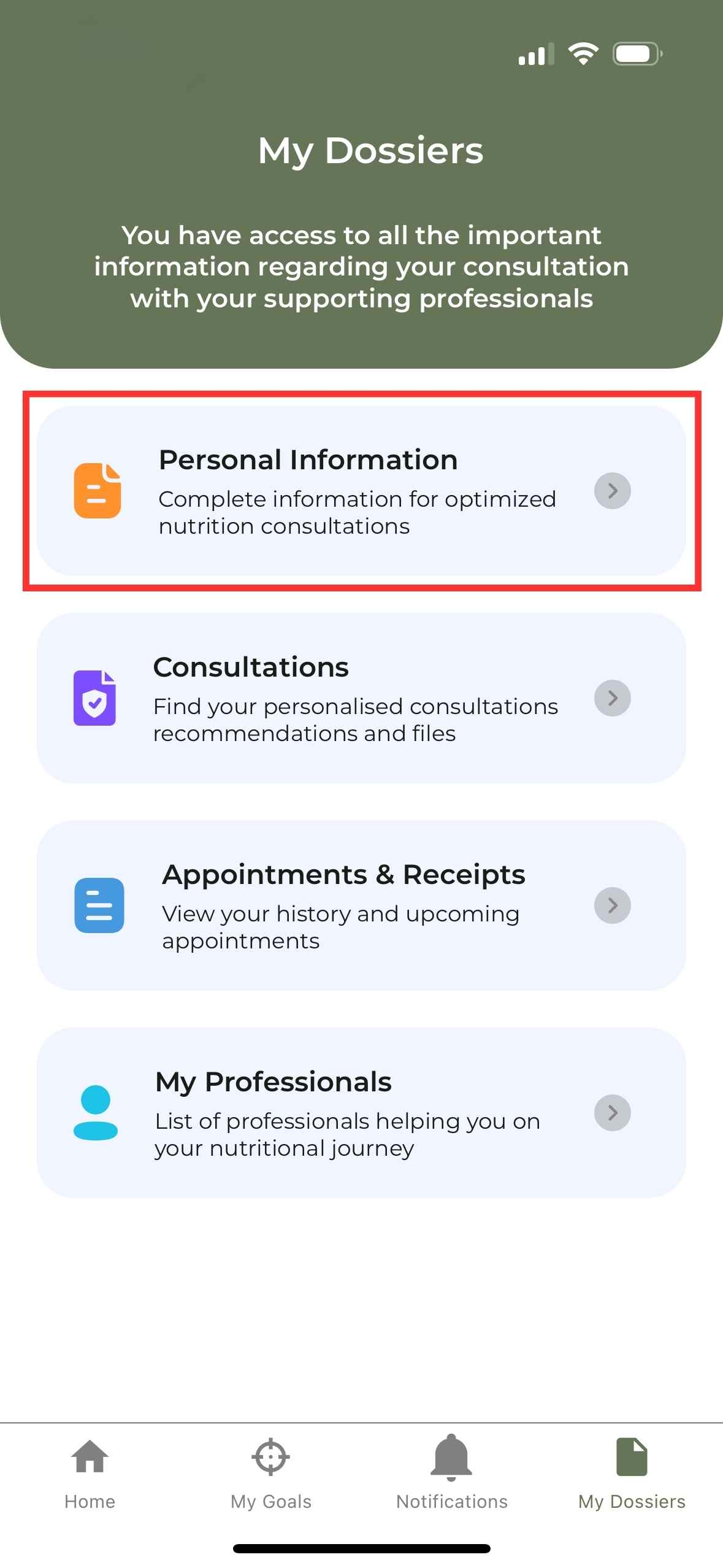 My Dossiers - Personal Information tab