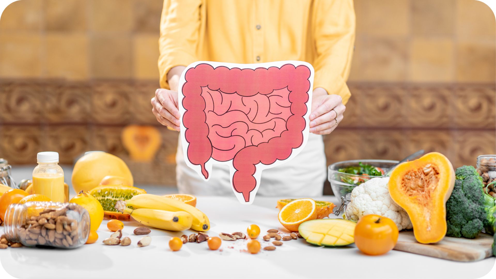 Nutritionniste tenant une illustration du système digestif entourée d'aliments bénéfiques pour la santé intestinale