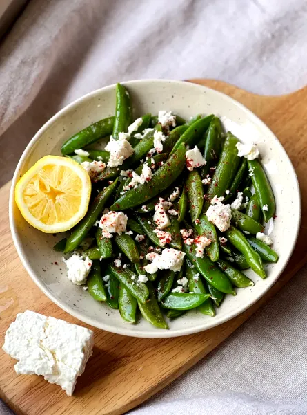 Feta and chili sugar snap peas TeamNutrition Pois mange-tout au feta et au chili ÉquipeNutrition